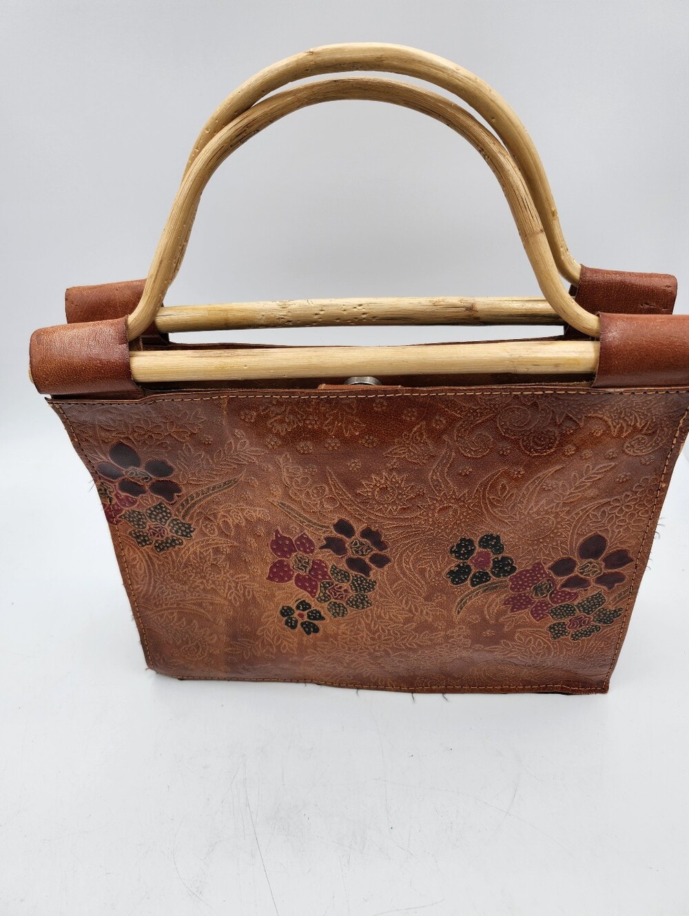 Hand-Tooled Handpainted Vintage Floral Leather Satchel with Wood  Handle  Brown - Picture 5 of 10